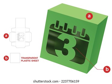 Box with 3rd day window die cut template and 3D mockup