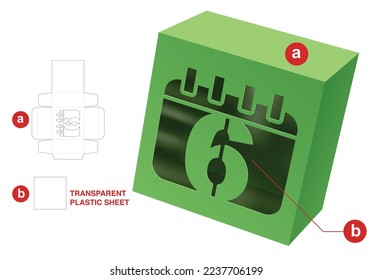 Box with 6th day window die cut template and 3D mockup