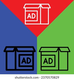 Box or Ad box Vector Icon, Outline style icon, from Advertisement icons collection, isolated on Red, Yellow, Green and White Background.