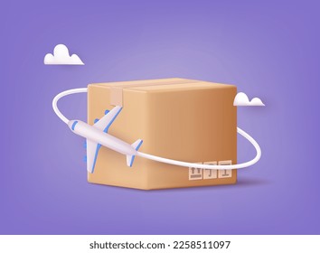 Box with airplane. Air concept delivery. 3D Web Vector Illustrations.