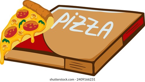 A Box With Appetizing Pizza On Top That Has Been Cut Into Pieces. Melted Cheese Reaches the edge of the box. cartoon illustration.