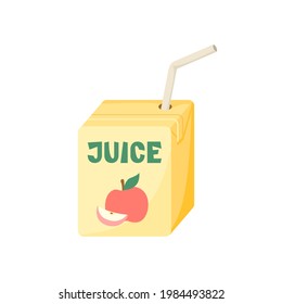Box of apple juice with a tube, it shows an apple and the word juice. Vector illustration in a flat style, isolated on a white background.