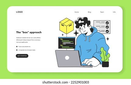 The box approach web banner or landing page. Software testing methodology. IT specialist searching for bugs in code. Website and application development. Flat vector illustration