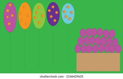 a box with an arrangement of balls on it and also a colorful balloon with a star image and a green background