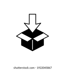 Box with arrow down icon, Box Package Delivery Shipping Move Arrow down in solid black flat shape glyph icon, isolated on white background 