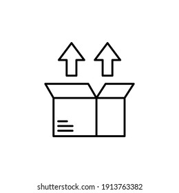 Box mit Pfeil-nach-oben-Symbol im flachen schwarzen Linienstil einzeln auf weißem Hintergrund 