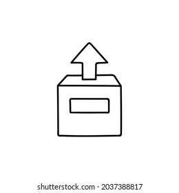 Box with arrow up icon in flat black line style, isolated on white background 