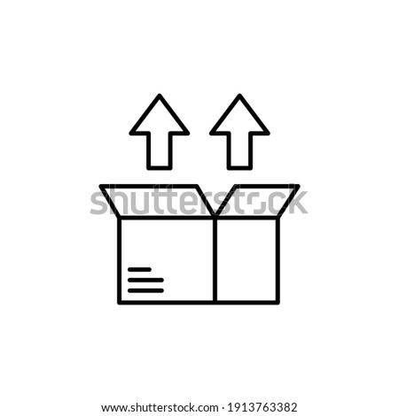 Box with arrow up icon in flat black line style, isolated on white background 