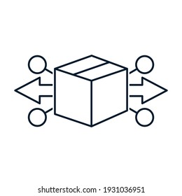 Box, arrows, circles. Distribution, logistics, delivery concept. Vector icon isolated on white background.