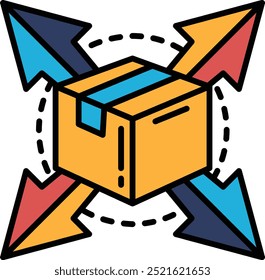 A box with arrows pointing in different directions. The box is yellow and has a blue stripe. The arrows are red, blue, and green. Concept of movement and direction