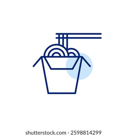 Box of Asian takeaway good. Noodles and wooden chopsticks. Chinese, japanese or thai cusine. Pixel perfect, editable stroke vector icon