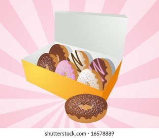 Box of assorted donuts illustration on radial burst