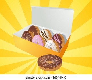 Box of assorted donuts illustration on radial burst