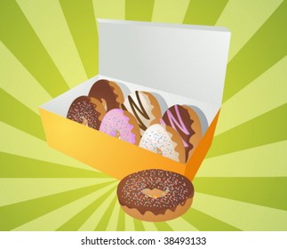 Box of assorted donuts illustration on radial burst