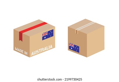 caja con conjunto de iconos de bandera de Australia, paquete de entrega de cartón hecho en Australia