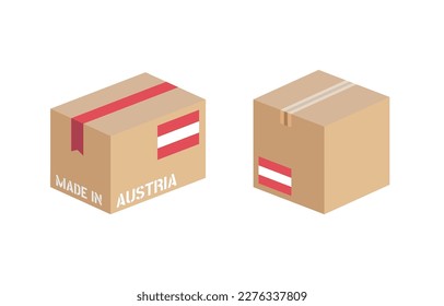 box with Austria flag icon set, cardboard delivery package made in Austria