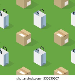 Box and bag on green background seamless