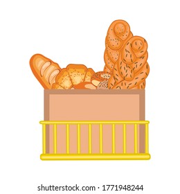 Box with bakery products in the trunk basket on white background. Hot croissant, loaf, wicker bun with poppy seeds in a box. Grocery delivery concept. Vector illustration.