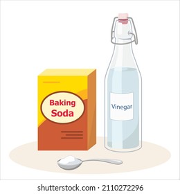 Box Of Baking Soda, White Vinegar Bottle And Spoon Isolated On White Background Vector Illustration.