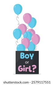 Box of balloons for baby gender reveal party. Surprise for future parents and friends. Boy or girl.