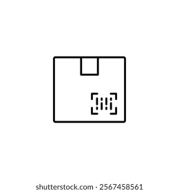 Box with barcode linear icon. Thin line customizable illustration. Contour symbol. Vector isolated outline drawing. Editable stroke
