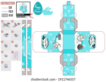 box basket for easter. hares and holiday eggs. vector doodle