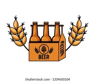 box with beer bottles and wheat isolated icon