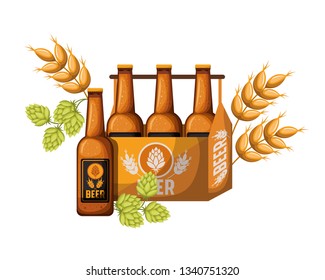 box with beer bottles and wheat isolated icon