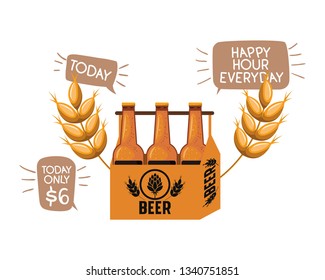 box with beer bottles and wheat isolated icon