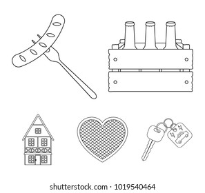 Box with beer, fried sausage, heart of the festival, Bavarian cottage. Oktoberfestset collection icons in monochrome style vector symbol stock illustration web.