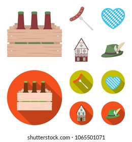 Box with beer, fried sausage, heart of the festival, bavarian cottage. Oktoberfest set collection icons in cartoon,flat style vector symbol stock illustration web.