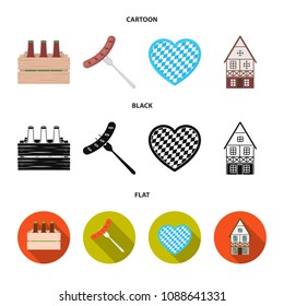 Box with beer, fried sausage, heart of the festival, bavarian cottage. Oktoberfest set collection icons in cartoon,black,flat style vector symbol stock illustration web.