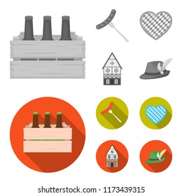 Box with beer, fried sausage, heart of the festival, bavarian cottage. Oktoberfest set collection icons in monochrome,flat style vector symbol stock illustration web.