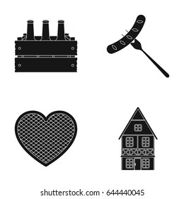 Box with beer, fried sausage, heart of the festival, Bavarian cottage. Oktoberfestset collection icons in black style vector symbol stock illustration web.