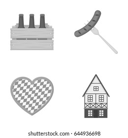 Box with beer, fried sausage, heart of the festival, Bavarian cottage. Oktoberfestset collection icons in outline style vector symbol stock illustration web.