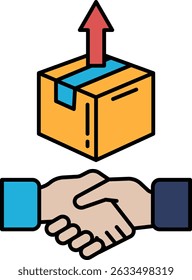 Una caja está siendo levantada por una mano, simbolizando un apretón de manos. Concepto de una operación comercial o Acuerdo entre dos partes. La escena es profesional y formal