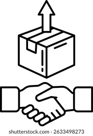 A box is being lifted up by two hands, symbolizing a handshake. Concept of trust and cooperation between two parties