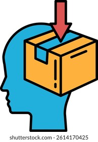 A box is being lifted off of a person's head. The box is orange and the person's head is blue