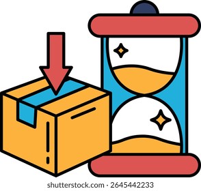 Uma caixa está sendo aberta e um relógio é mostrado ao lado dela. O relógio está ajustado para a hora da abertura