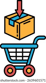 A box is being pulled out of a shopping cart. The cart is blue and has a red wheel