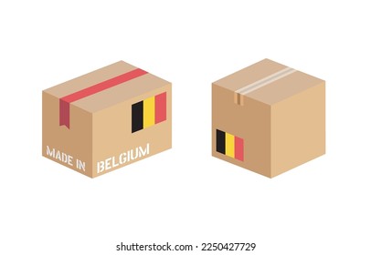 box with Belgium flag icon set, cardboard delivery package made in Belgium