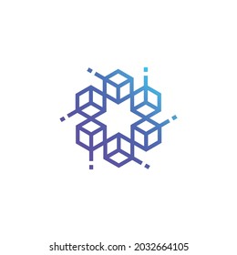 Rotación del círculo de la cadena de bloques de cajas, vector de diseño del logotipo de la red de criptografía