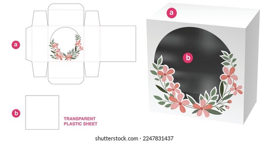 Box with blossom wreath and circle window die cut template