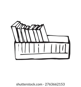 Box with books doodle illustration. Hand drawn sketch of library bookshelf in cardboard box, outline vector art isolated on white.