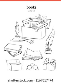 Box books line vector illustration. Gift of the book in the box.