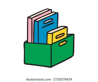 Caja con libros y papeles, materiales de estudio, colorido doodle escolar, dibujado a mano. Ilustración vectorial.