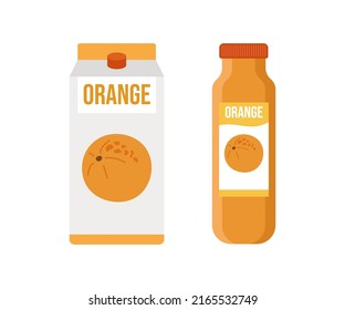 Caja y una botella de zumo de naranja. Ilustración vectorial de envases simples para bebidas de frutas de diversos tipos. Aislado sobre un fondo blanco.