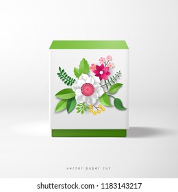 A box with a bouquet of paper flowers. Front view