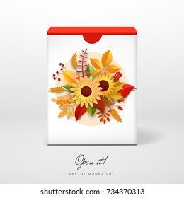 Box with bouquet of sunflowers, berries and autumn leaves. Paper cut design. Mockup with shadows