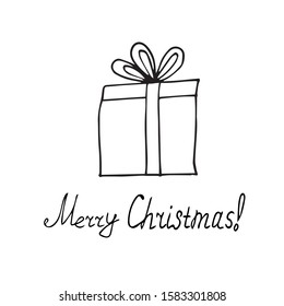 box with bow gift and lettering merry christmas in hand drawn doodle style
